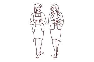 Businesswomen walking together talking discussing business ideas. Female employees with documents or paperwork in hands walk chatting. Vector illustration.