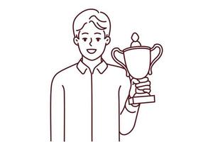 Smiling businessman holding gold trophy in hands celebrate win or victory. Happy man with golden prize win competition. Success and accomplishment. Vector illustration.