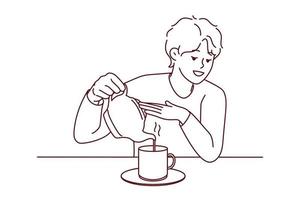 Young man sit at desk pouring tea in cup from kettle. Smiling guy enjoy warm coffee in mug at home. Vector illustration.