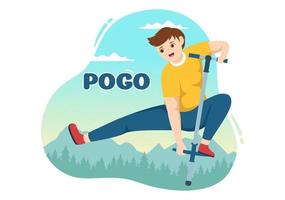 personas jugando con ilustración de palo de pogo de salto deportivo para banner web o página de inicio en plantillas dibujadas a mano de dibujos animados planos de juguete divertido al aire libre vector