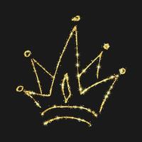 Gold glitter hand drawn crown. Simple graffiti sketch queen or king crown. Royal imperial coronation and monarch symbol isolated on dark background. Vector illustration