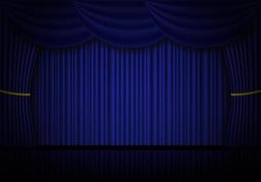 Blue curtain opera, cinema or theater stage drapes. Spotlight on closed velvet curtains background. Vector illustration