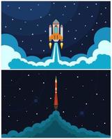 Set of space rocket launch. Vector illustration with flying rocket. Space travel. Project development. Creative idea.