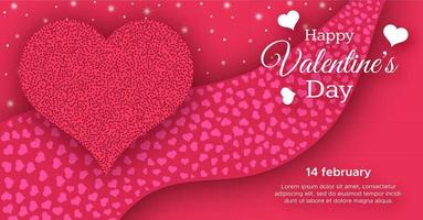 Happy Valentines Day Background. Red greeting horizontal banner with text and hearts. Vector illustration.