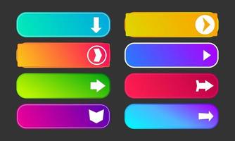 Colorful gradient buttons with arrows. Set of eight modern abstract web buttons. Vector illustration