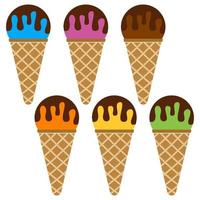 Set of ice cream balls with chocolate in a waffle horn. Vector illustration.