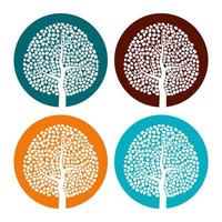 Set of four white trees with leaves on colorful round background. Vector illustration