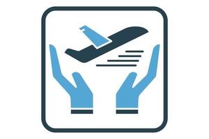 Safe travel icon illustration. Hand icon with Airplane. icon related to transportation, tourism, travel. Solid icon style. Simple vector design editable