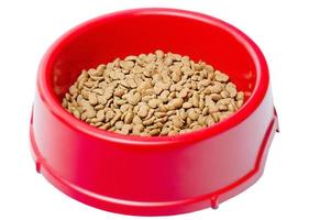 Dry food for pet cats or dogs in a red bowl. Balanced food for animals isolate on white. photo