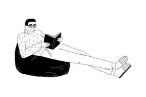 the man is reading a book. study, leisure, relaxation. hand drawn vector doodle illustration.