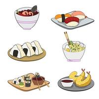 un juego de sushi y onigiri en un plato, fideos ramen y camarones tempura. ilustración vectorial sobre un fondo blanco. vector