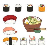 Sushi set, ramen noodles. vector illustration on a white background.