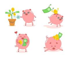 Piggy Bank Cute Cartoon Character Set vector