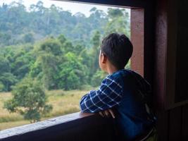 boy looking out window looking at the green forest photo