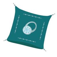 Precious jewelry concept. Silver ring with precious stones on the cushion vector