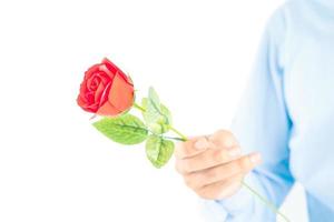 Man holding red rose in hand on white photo