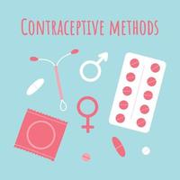 Methods of contraception. Vector illustration. Flat style. A set of contraceptives. Condom, pills, spiral.