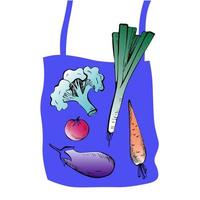 paquete, bolsa de tela con productos. frutas orgánicas, verduras. cero residuos, sin concepto de plástico. varios productos de la tienda de comestibles o del mercado local. entrega de productos ilustración vectorial plana vector