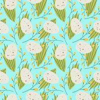 Cute repeating seamless pattern for easter on a light blue background.Unpainted natural quail egg in a pattern with mimosa branches and flowers, green leaves.Easter background for textiles and design vector