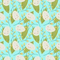 Cute repeating seamless pattern for easter on a light blue background.Unpainted natural quail egg in a pattern with mimosa branches and flowers, green leaves.Easter background for textiles and design vector