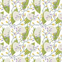 Cute repeating seamless pattern for Easter on a white background. Unpainted natural quail egg in a pattern with mimosa branches and flowers, green leaves. Easter background. For textiles and design vector