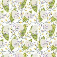 Cute repeating seamless pattern for Easter on a white background. Unpainted natural quail egg in a pattern with mimosa branches and flowers, green leaves. Easter background. For textiles and design vector