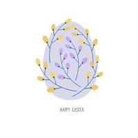 huevo de pascua, felicitaciones por las vacaciones de pascua. un lindo huevo de Pascua está pintado con un delicado adorno amarillo y lila de flores de mimosa en un fondo aislado. feliz pascua de letras a mano vector