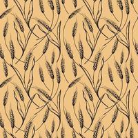 Cute seamless repeating pattern with ears of wheat on a beige background. Floral ornament with a grain ear of wheat. Drawn by hand. vector