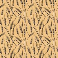 Cute seamless repeating pattern with ears of wheat on a beige background. Floral ornament with a grain ear of wheat. Drawn by hand. vector