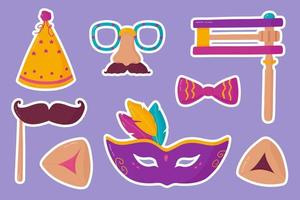 Purim stickers set. Vector set elements of holiday carnival masks, gragger, Hamantaschen cookies, bow and party hat