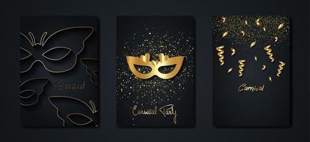 Carnival gold and black posters set, flyer or invitation design. Festive Golden cards. Vector illustration. Elegant luxury tickets with pattern and emblem. Place for your text message. Banners