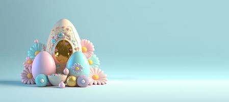 Easter Celebration Background Greeting Card with 3D Eggs and Flowers for Promotion photo