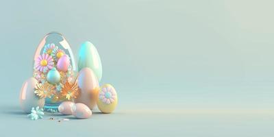 Easter Background Banner with 3D Render Eggs and Flowers photo