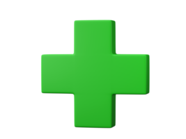 3D green plus icon isolated on transparent background PNG file format.