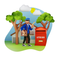 le facteur met l'enveloppe dans la boîte aux lettres du service postal, illustration de personnage 3d png