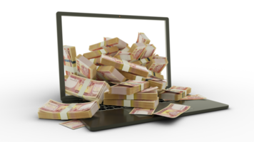 3D rendering of Afghan Afghanis notes coming out of a Laptop monitor isolated on transparent background. stacks of Afghan Afghanis notes inside a laptop. money from computer, money from laptop png