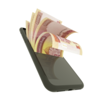 3D rendering of 1000 Afghan afghani notes inside a mobile phone isolated on transparent background png