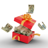 100 Bahama-Dollar-Noten in einer offenen roten Geschenkbox. 100 bahamaischer Dollar drinnen und um eine Geschenkbox herumfliegen. 3D-Rendering von Geld innerhalb der Box isoliert auf transparentem Hintergrund png