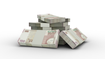 renderização 3D da pilha de 100 notas manat azerbaijanas. pacotes de notas de moeda do azerbaijão isoladas em fundo transparente png