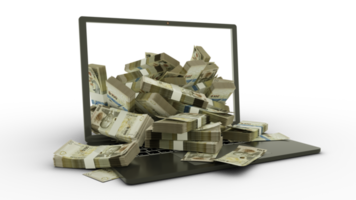 3D rendering of 100 Bahamian dollar notes coming out of a Laptop monitor isolated on transparent background. stacks of Bahamian dollar notes inside a laptop. money from computer, money from laptop png