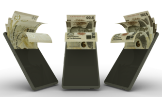 Notas de dólar das Bahamas dentro de um telefone celular. dinheiro saindo do celular. renderização 3D do conjunto de conceito de transação de dinheiro móvel. dinheiro do telefone png