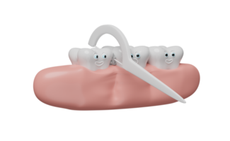 3d zeigt Zähne, die Lebensmittelabfälle mit Zahnstocher-Zahnseide isoliert reinigen. 3D-Darstellung, png