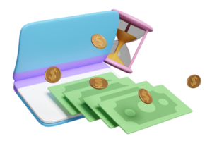 3d bank account boek, bankboekje met geld bankbiljet, dollar munt, zandloper geïsoleerd. besparing geld, financieel bedrijf, bank betaling, 3d geven illustratie png