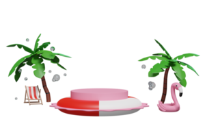 Podio de escenario de cilindro 3d vacío con playa de verano, silla, flamenco inflable, palmera, salpicaduras de agua aisladas. concepto de venta de verano de compras, ilustración de renderizado 3d png