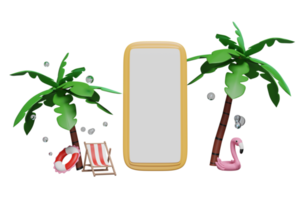 3D-Handy, Smartphone mit Strandkorb, aufblasbarer Flamingo, Palme, Rettungsring, Wasserspritzer isoliert. sommerreiseurlaub, schablonenkonzept, 3d-renderillustration png