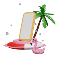 3d mobile phone, smartphone with cylinder podium, Inflatable flamingo, palm tree, lifebuoy, water splash isolated. summer travel vacation, template concept, 3d render illustration png