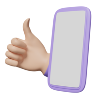 mobile phone 3d, smartphone with  thumbs up isolated. online shopping certificate, minimal concept, 3d render illustration png