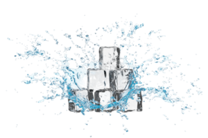 3d ice cubes with water splash transparent, clear blue water scattered around isolated. 3d render illustration png