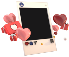 rede social de quadro 3d com ícones de amor para o conceito de dia dos namorados png