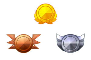 Set of game rank icons isolated. Bronze, silver and gold game badges buttons in circle frame png